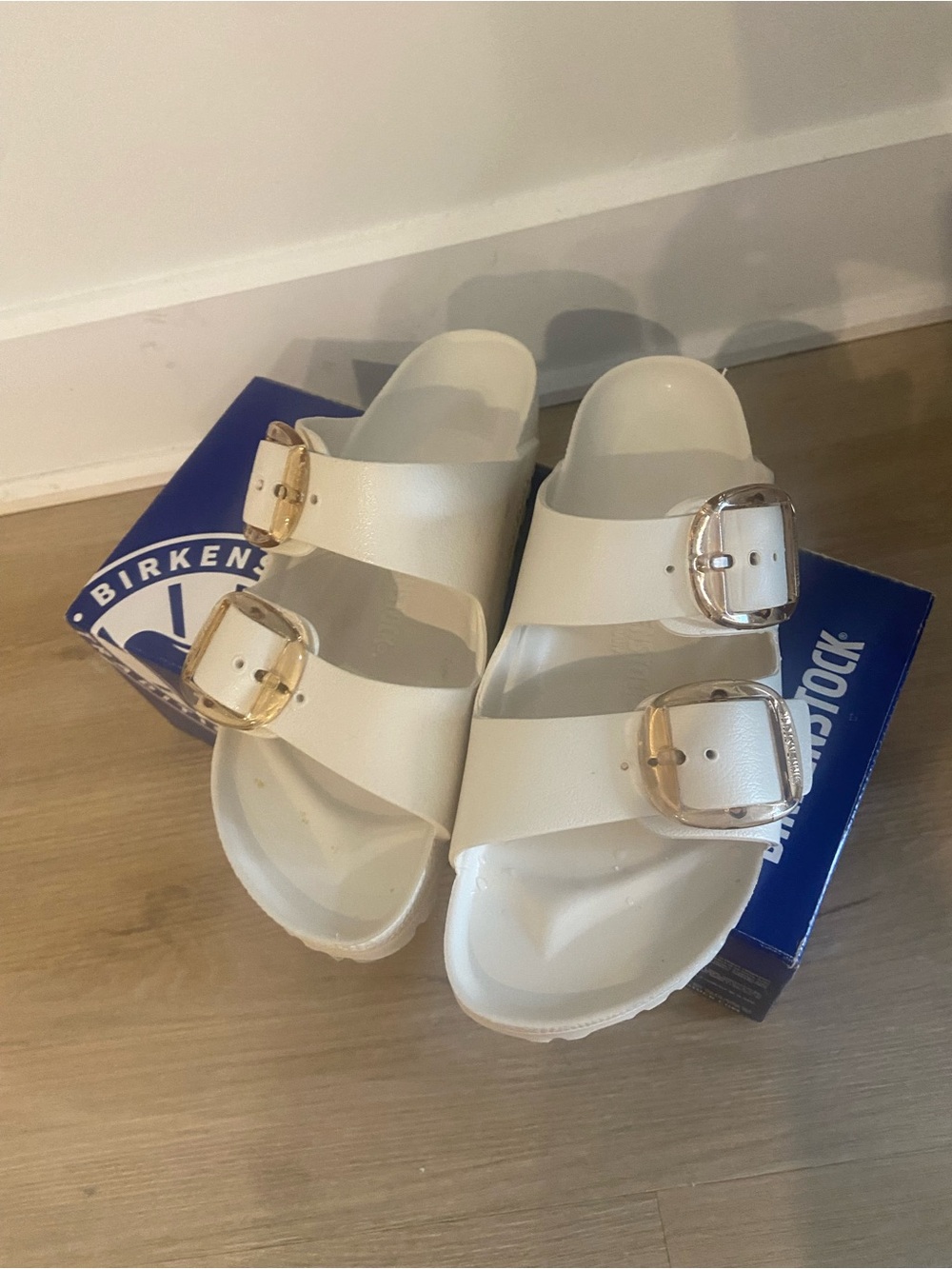 Birkenstock White Double-Strap Sandals with Gold Buckles